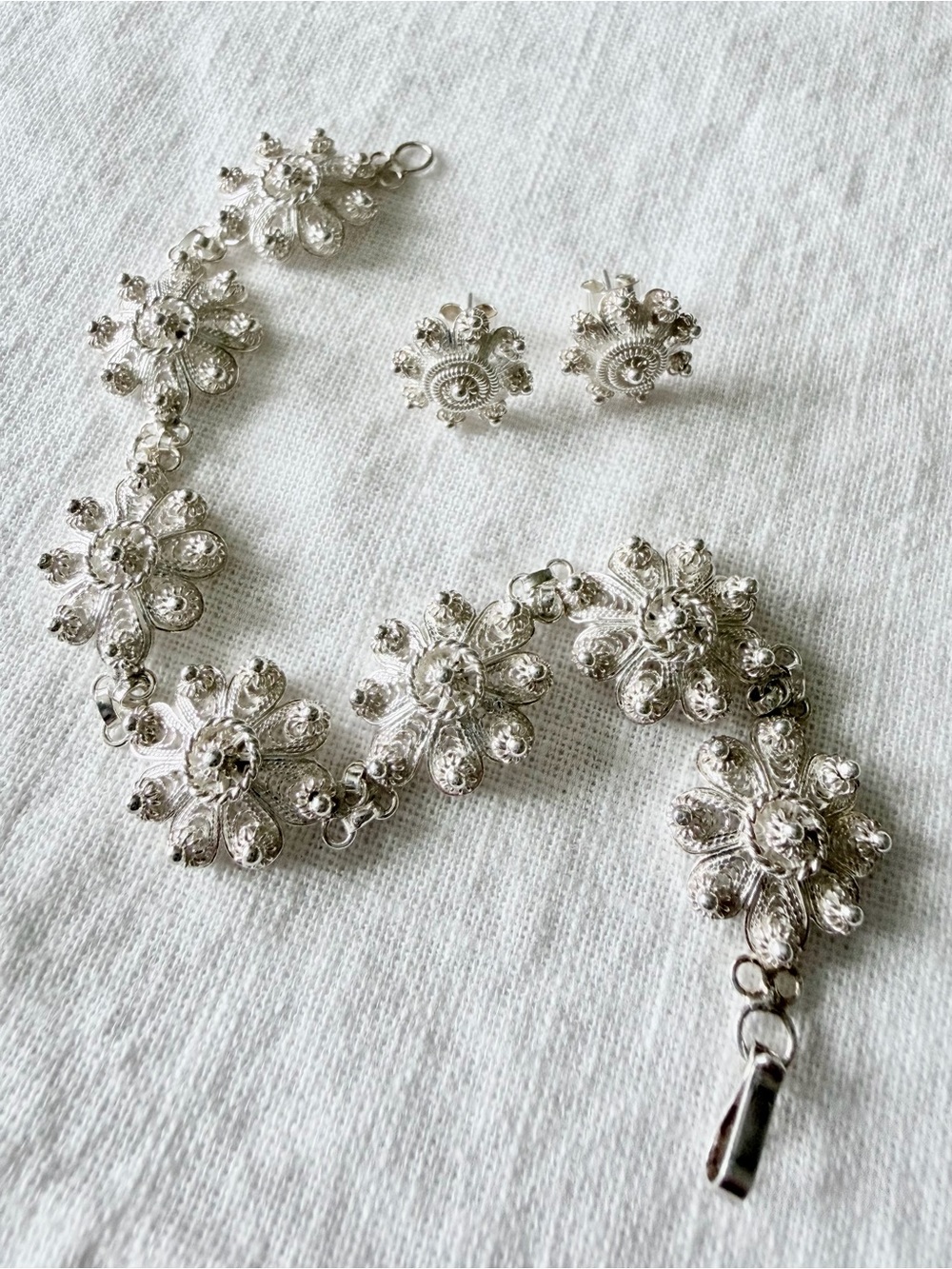Sterling Silver Floral Filigree Bracelet and Earrings Set